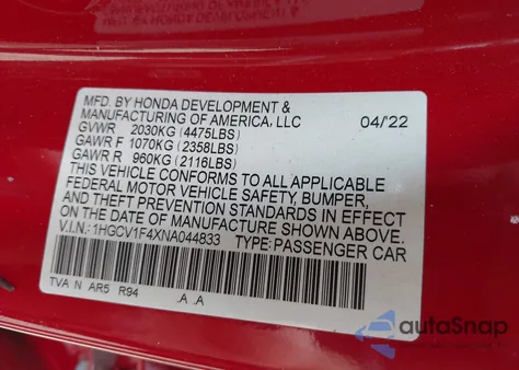 2022 Honda Accord Sport Special Edition из США, поврежденный, VIN 1HGCV1F4XNA044833